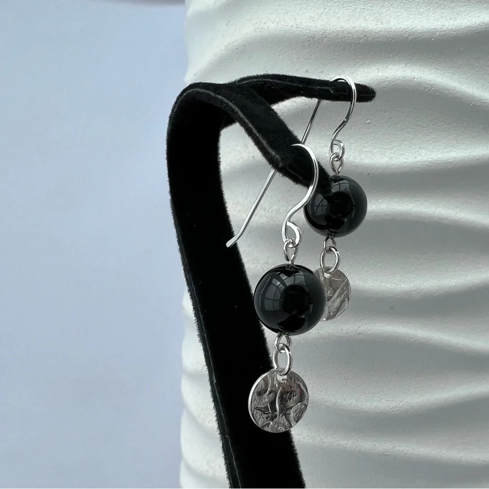 Artisan Black Onyx with Embossed Sterling Silver Disk Earrings - Picture 4 of 14